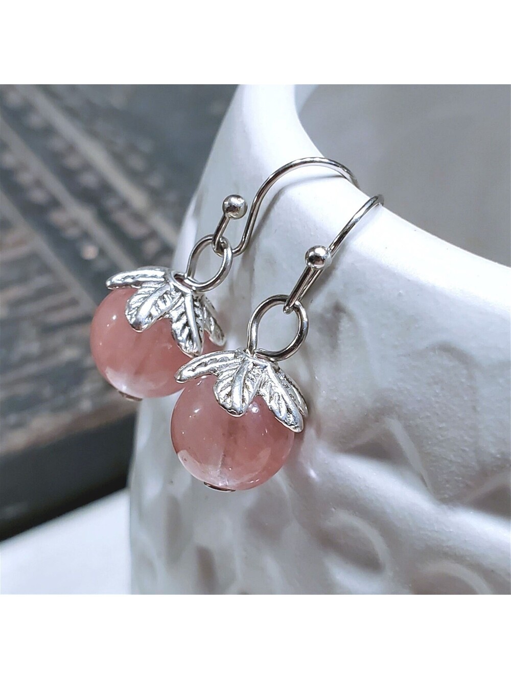 Cherry Quartz Gemstone Dangle Silver Platinum Plated Artsy Leaf Capped Earrings - Picture 8 of 11